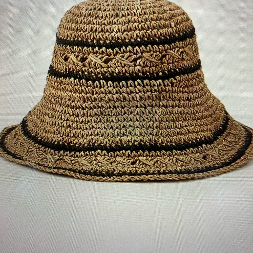 Tan Straw Crochet Bucket Hat with Black Trim